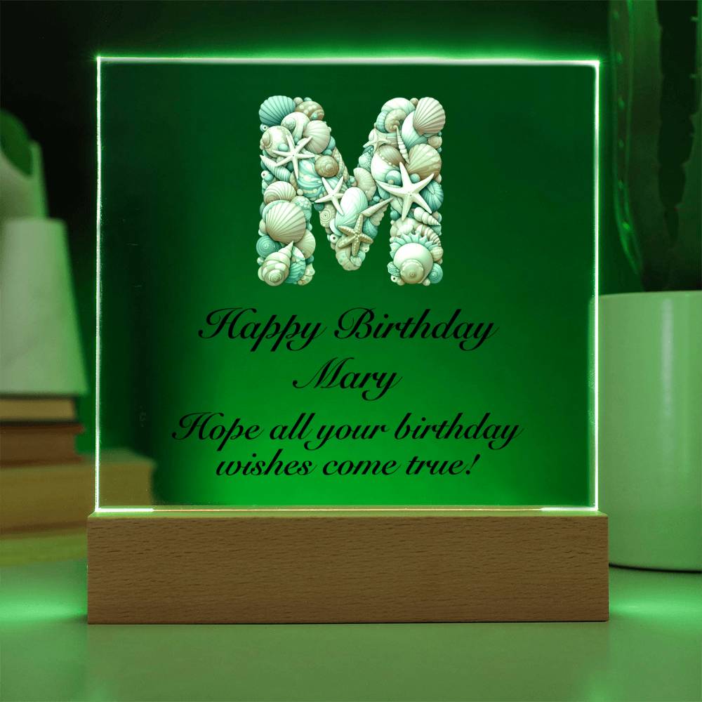 Happy Birthday Mary (Sea Life) - Square Acrylic Plaque With LED Base