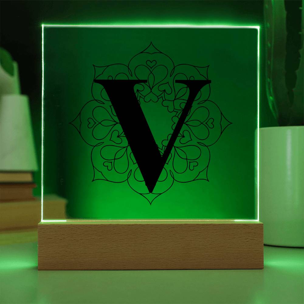 Magnolia Mandala Alphabet Letter V - Square Acrylic Plaque With LED Base