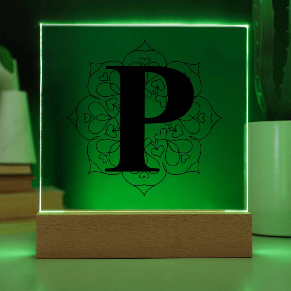 Magnolia Mandala Alphabet Letter P - Square Acrylic Plaque With LED Base