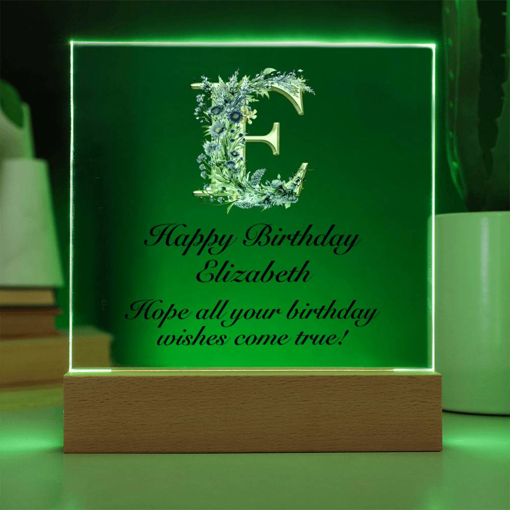 Happy Birthday Elizabeth (Lavender Flowers) - Square Acrylic Plaque With LED Base