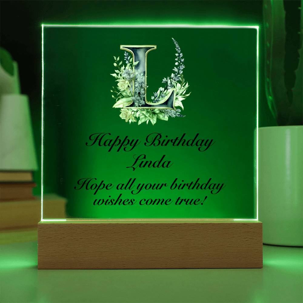 Happy Birthday Linda (Lavender Flowers) - Square Acrylic Plaque With LED Base