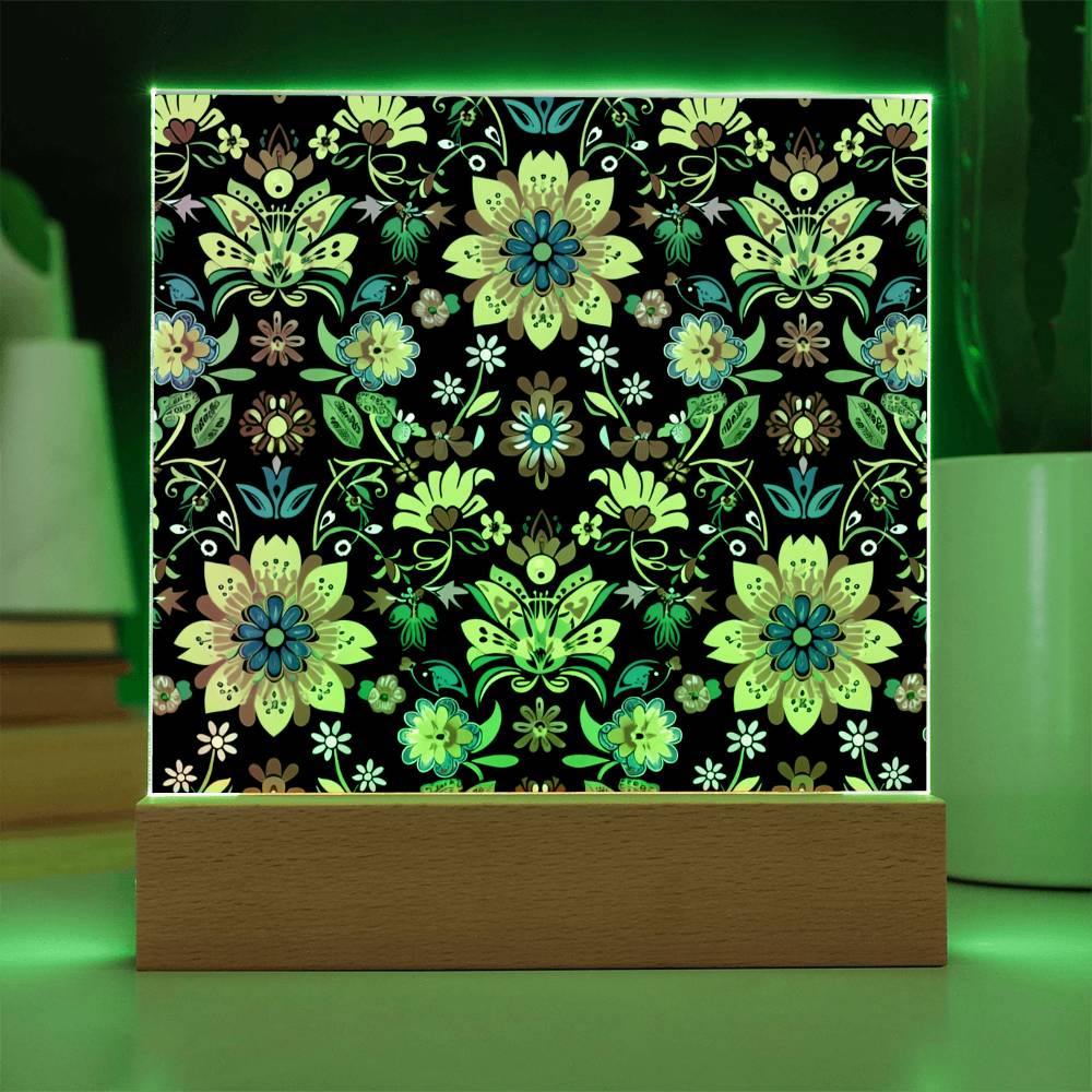 Mexican Floral Fiesta Pattern 066 - Square Acrylic Plaque With LED Base