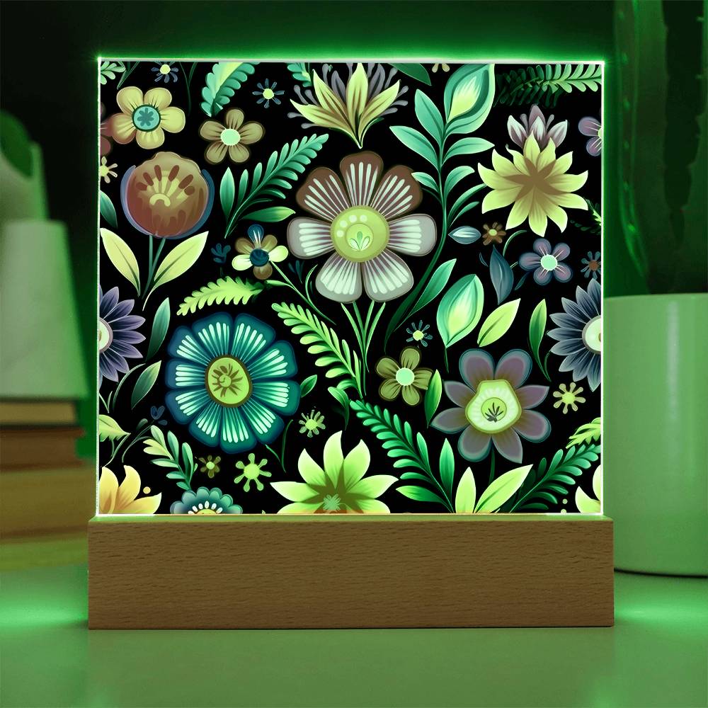 Mexican Floral Fiesta Pattern 029 - Square Acrylic Plaque With LED Base