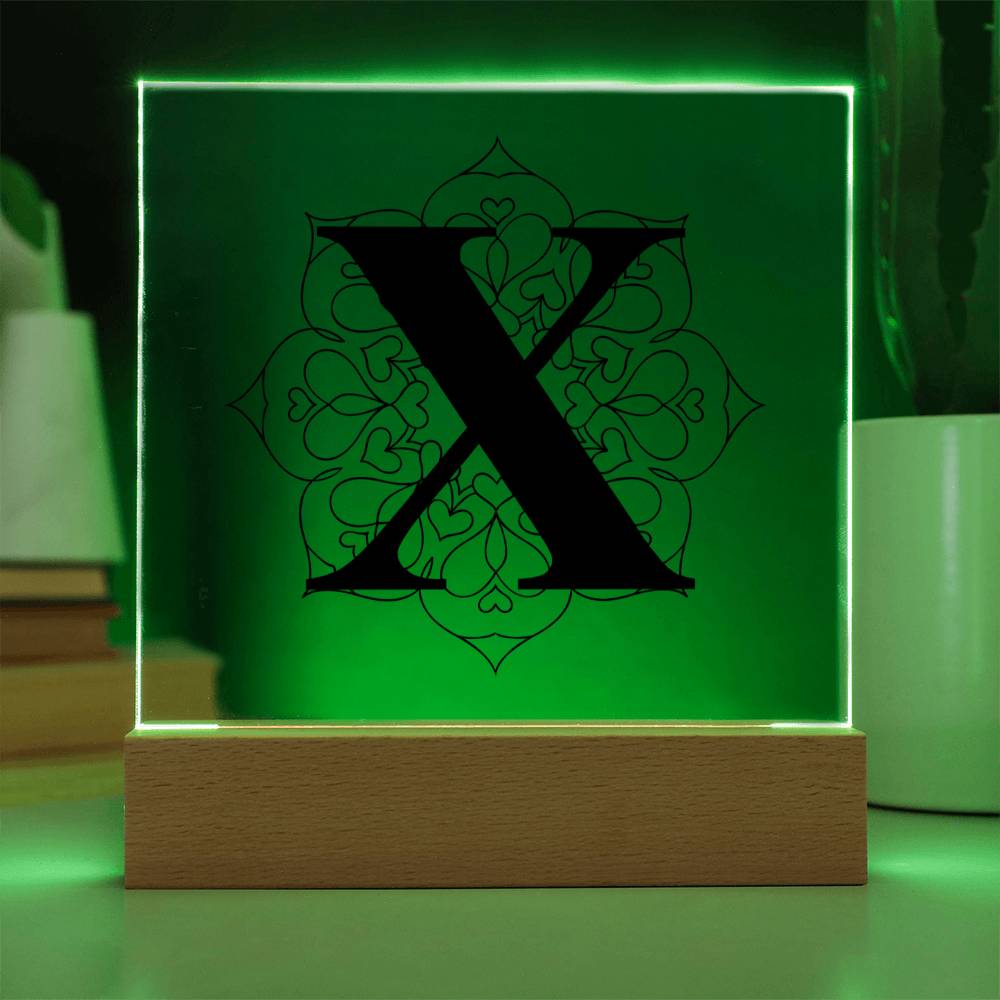 Magnolia Mandala Alphabet Letter X - Square Acrylic Plaque With LED Base