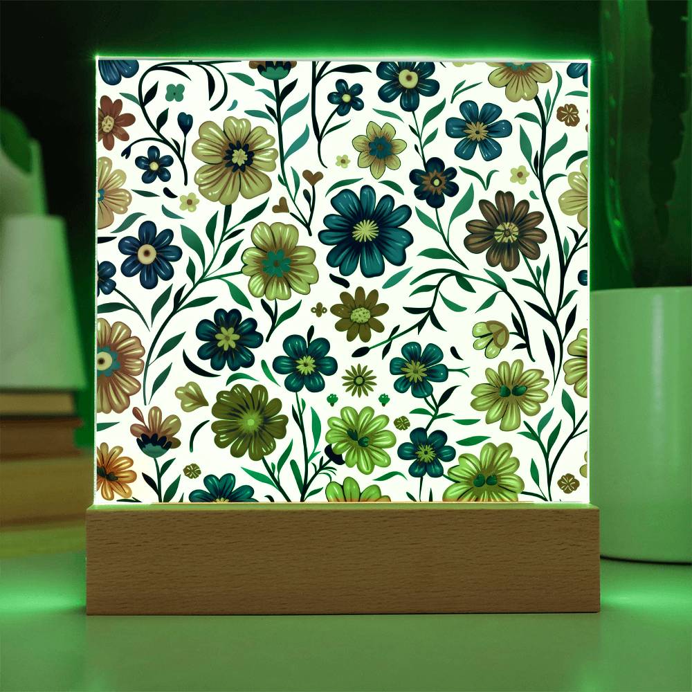 Mexican Floral Fiesta Pattern 001 - Square Acrylic Plaque With LED Base