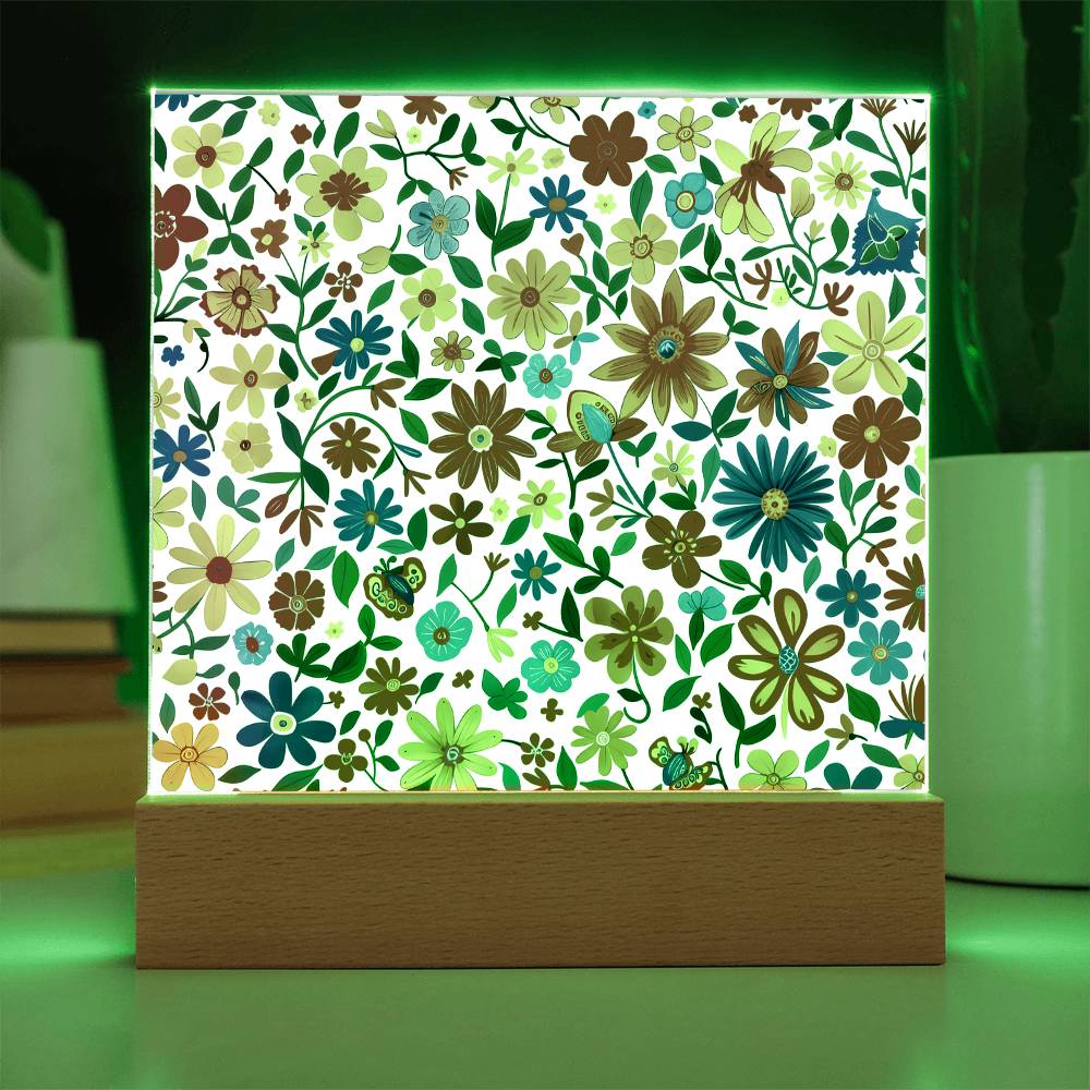 Mexican Floral Fiesta Pattern 009 - Square Acrylic Plaque With LED Base