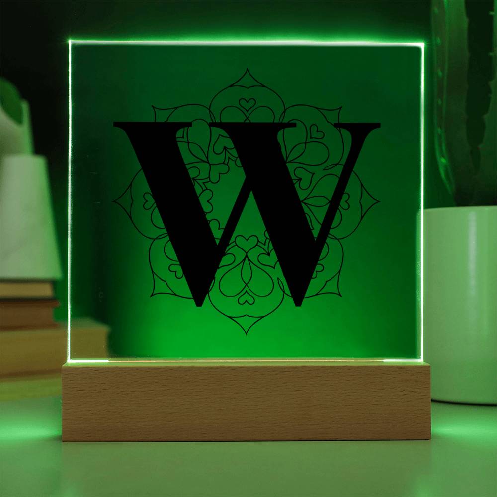 Magnolia Mandala Alphabet Letter W - Square Acrylic Plaque With LED Base