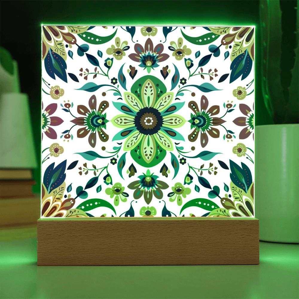 Mexican Floral Fiesta Pattern 069 - Square Acrylic Plaque With LED Base