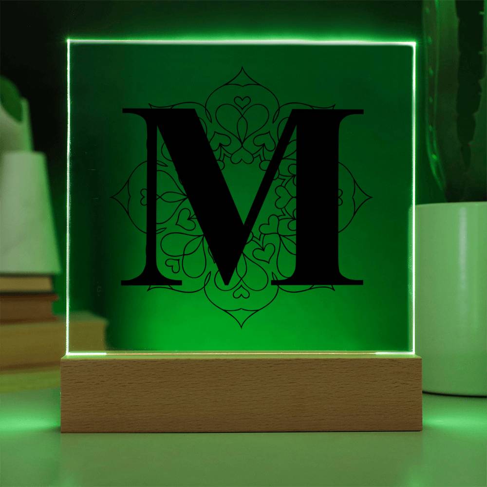 Magnolia Mandala Alphabet Letter M - Square Acrylic Plaque With LED Base