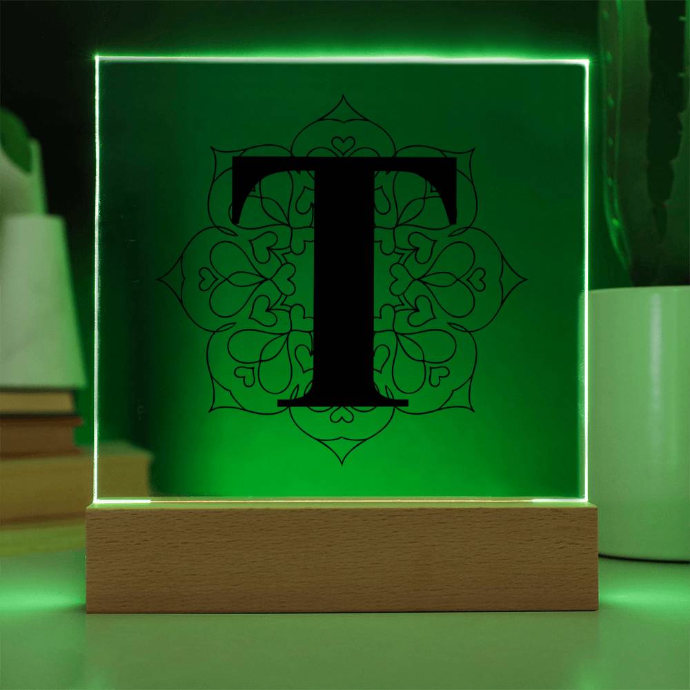 Magnolia Mandala Alphabet Letter T - Square Acrylic Plaque With LED Base