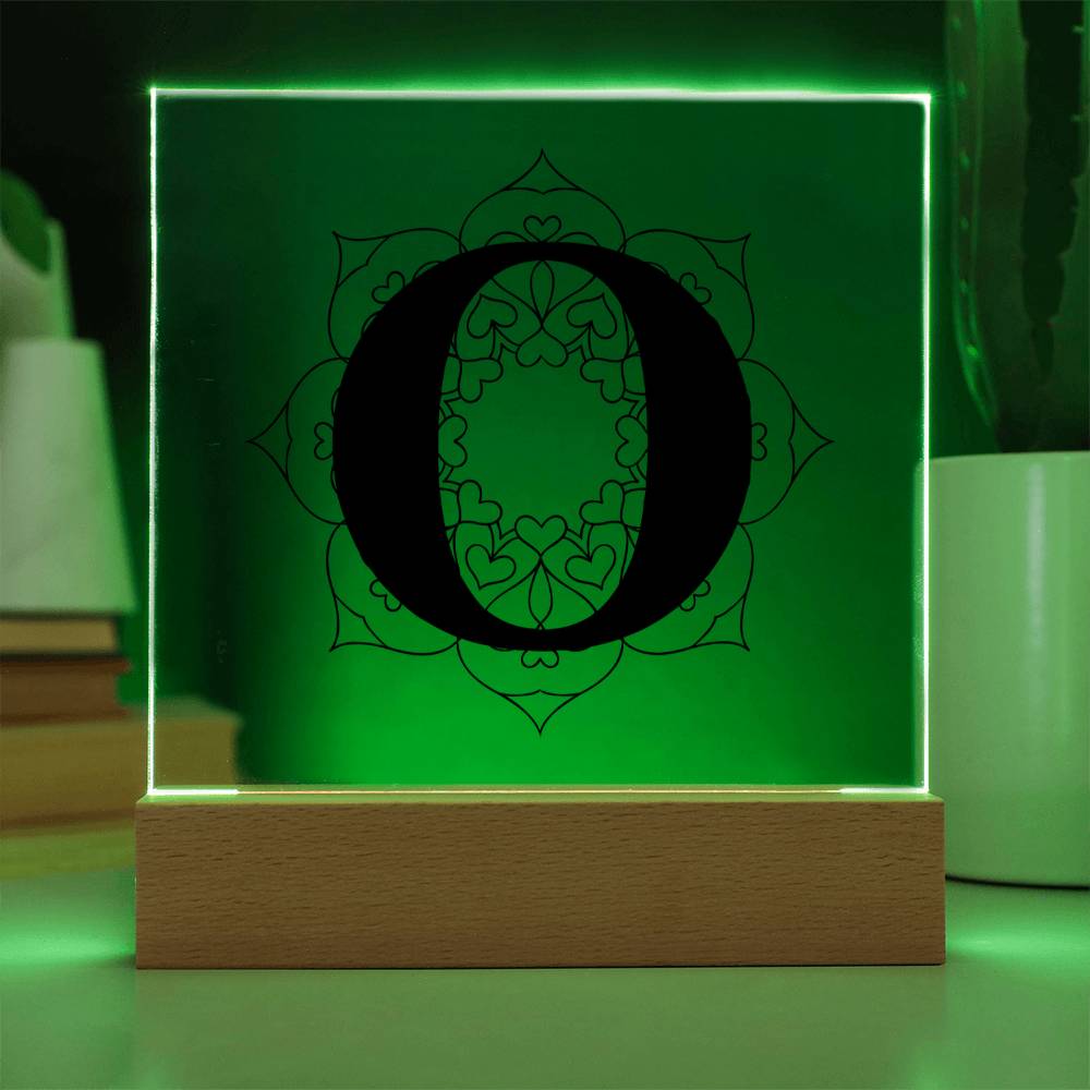 Magnolia Mandala Alphabet Letter O - Square Acrylic Plaque With LED Base