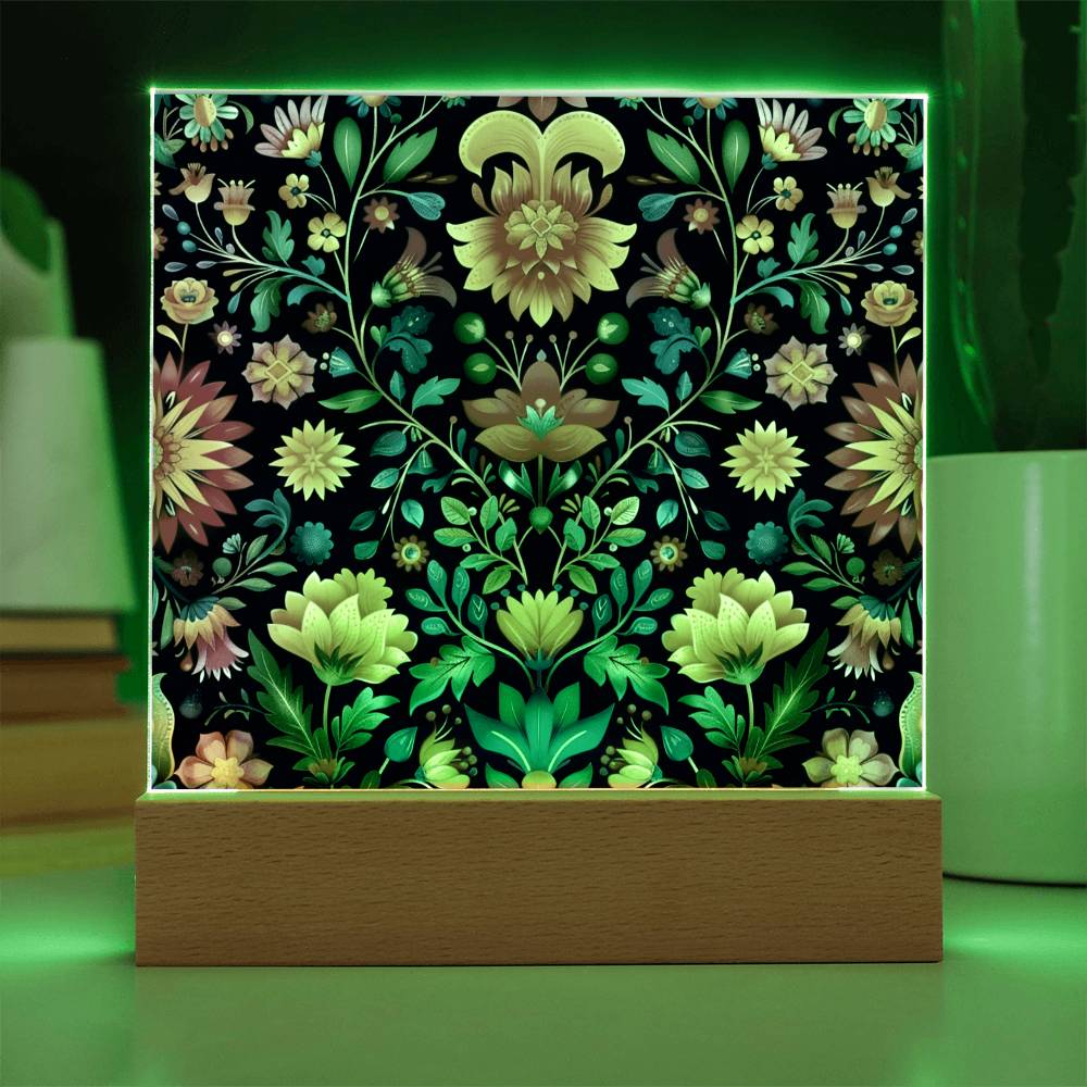 Mexican Floral Fiesta Pattern 063 - Square Acrylic Plaque With LED Base