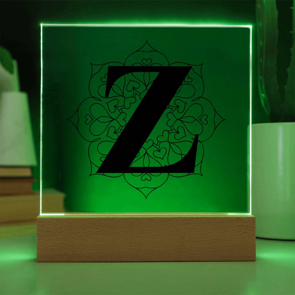 Magnolia Mandala Alphabet Letter Z - Square Acrylic Plaque With LED Base