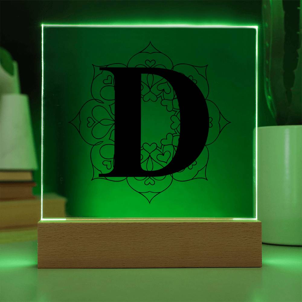 Magnolia Mandala Alphabet Letter D - Square Acrylic Plaque With LED Base