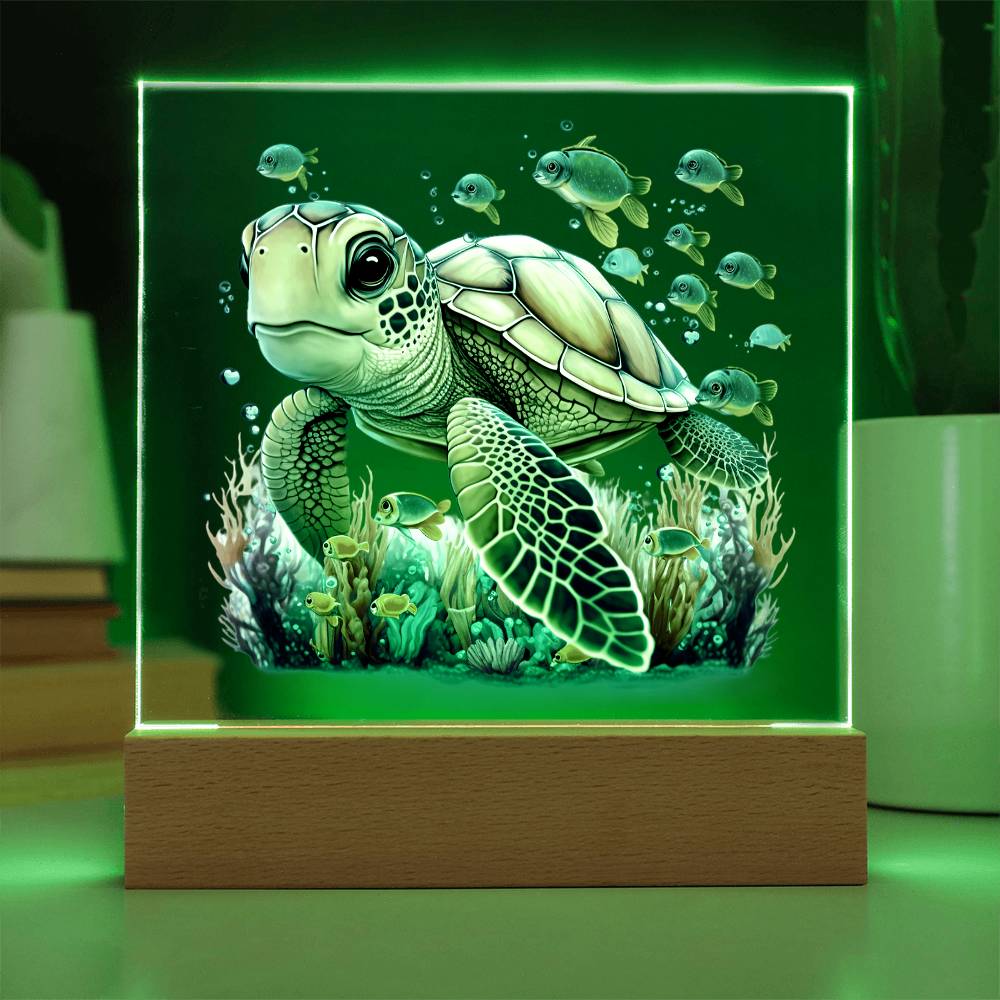 Cute Sea Turtle 003 - Square Acrylic Plaque With LED Base