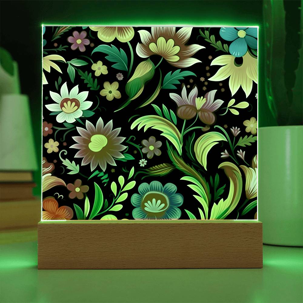 Mexican Floral Fiesta Pattern 033 - Square Acrylic Plaque With LED Base