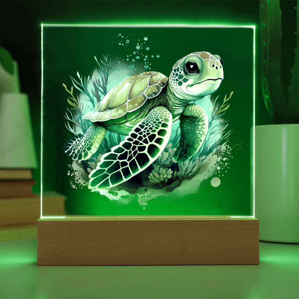 Cute Sea Turtle 007 - Square Acrylic Plaque With LED Base