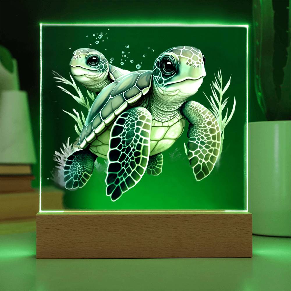 Cute Sea Turtle 010 - Square Acrylic Plaque With LED Base