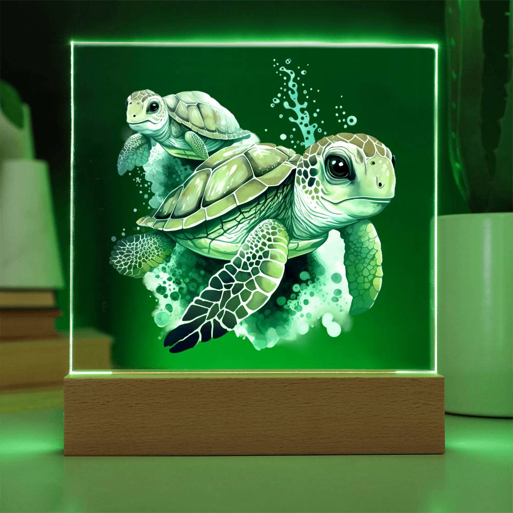 Cute Sea Turtle 011 - Square Acrylic Plaque With LED Base