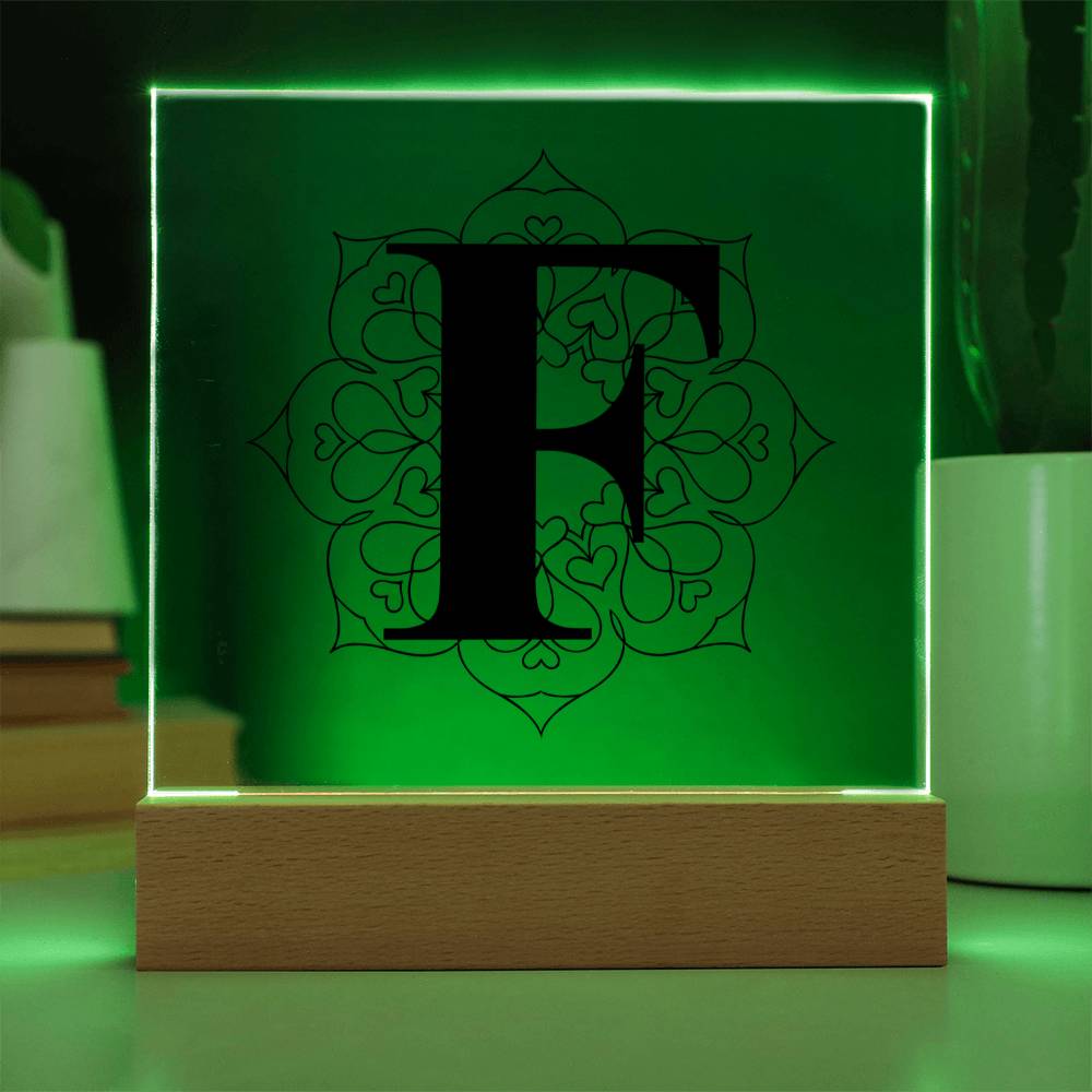 Magnolia Mandala Alphabet Letter F - Square Acrylic Plaque With LED Base