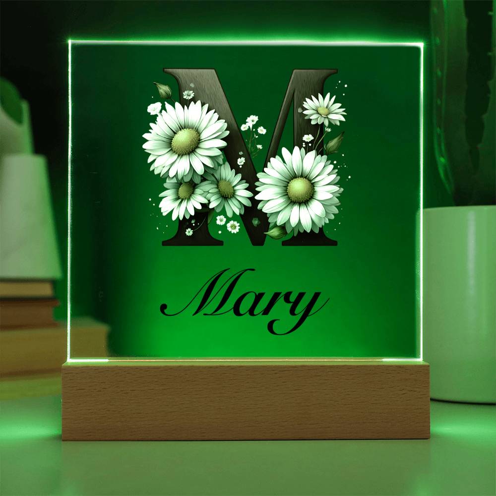 Mary (Daisies) - Square Acrylic Plaque With LED Base