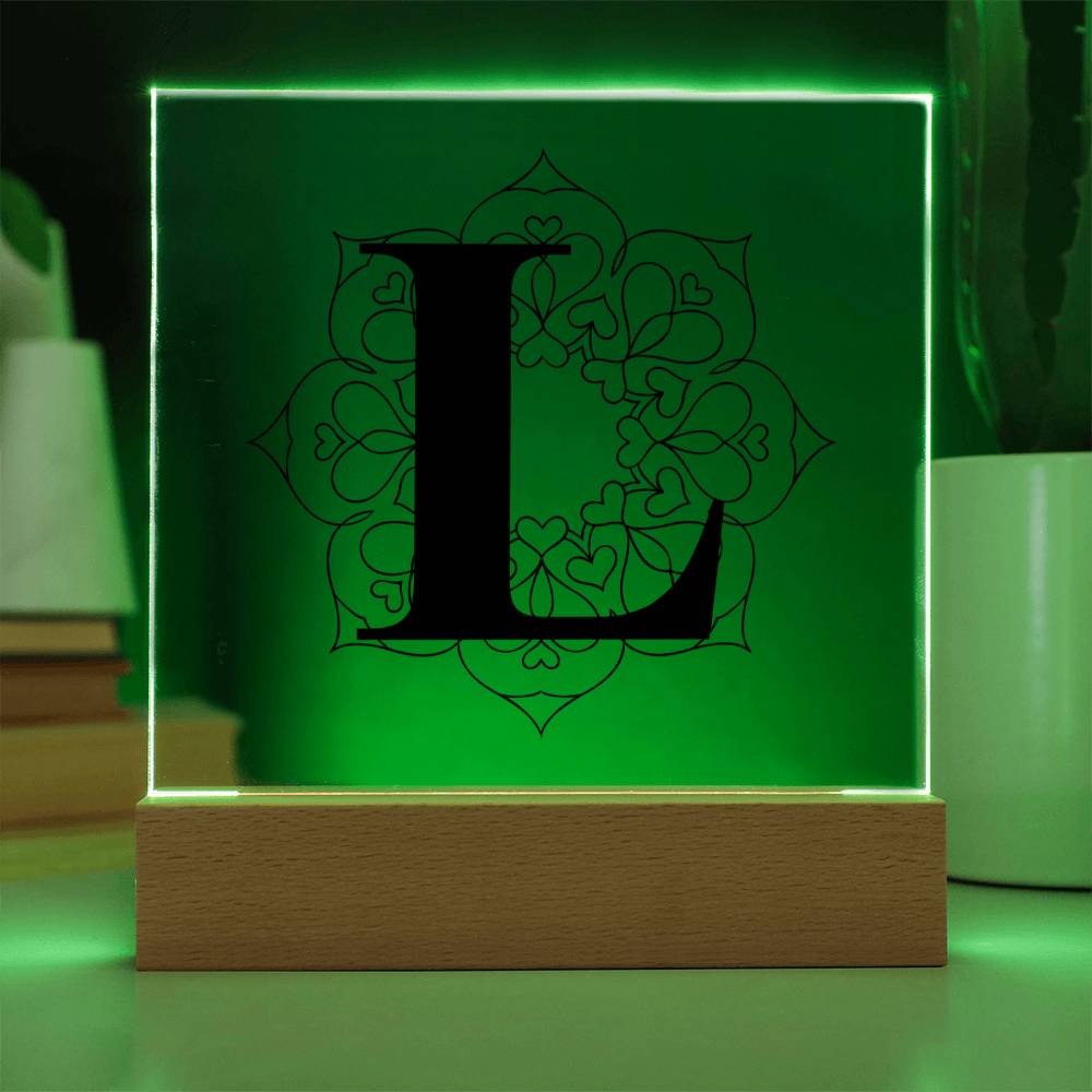 Magnolia Mandala Alphabet Letter L - Square Acrylic Plaque With LED Base