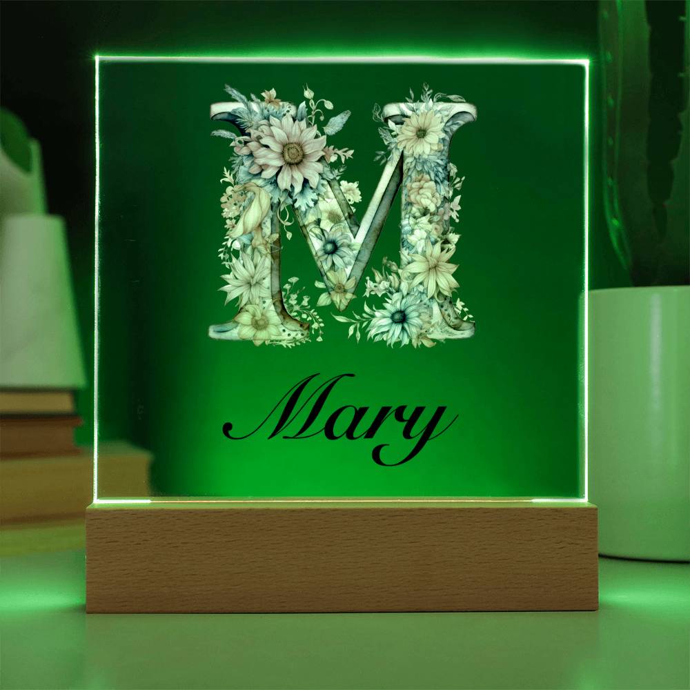 Mary (Blooming Flowers) - Square Acrylic Plaque With LED Base