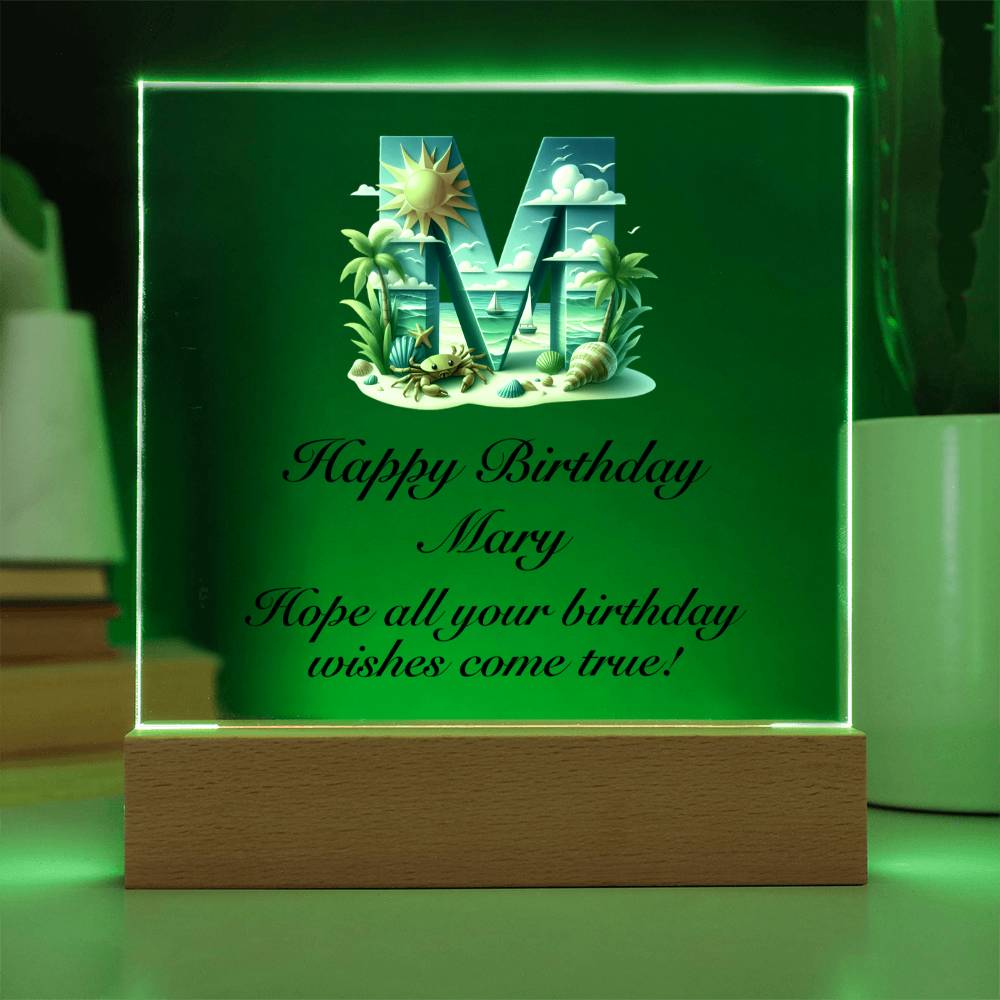 Happy Birthday Mary (Summer Beach) - Square Acrylic Plaque With LED Base