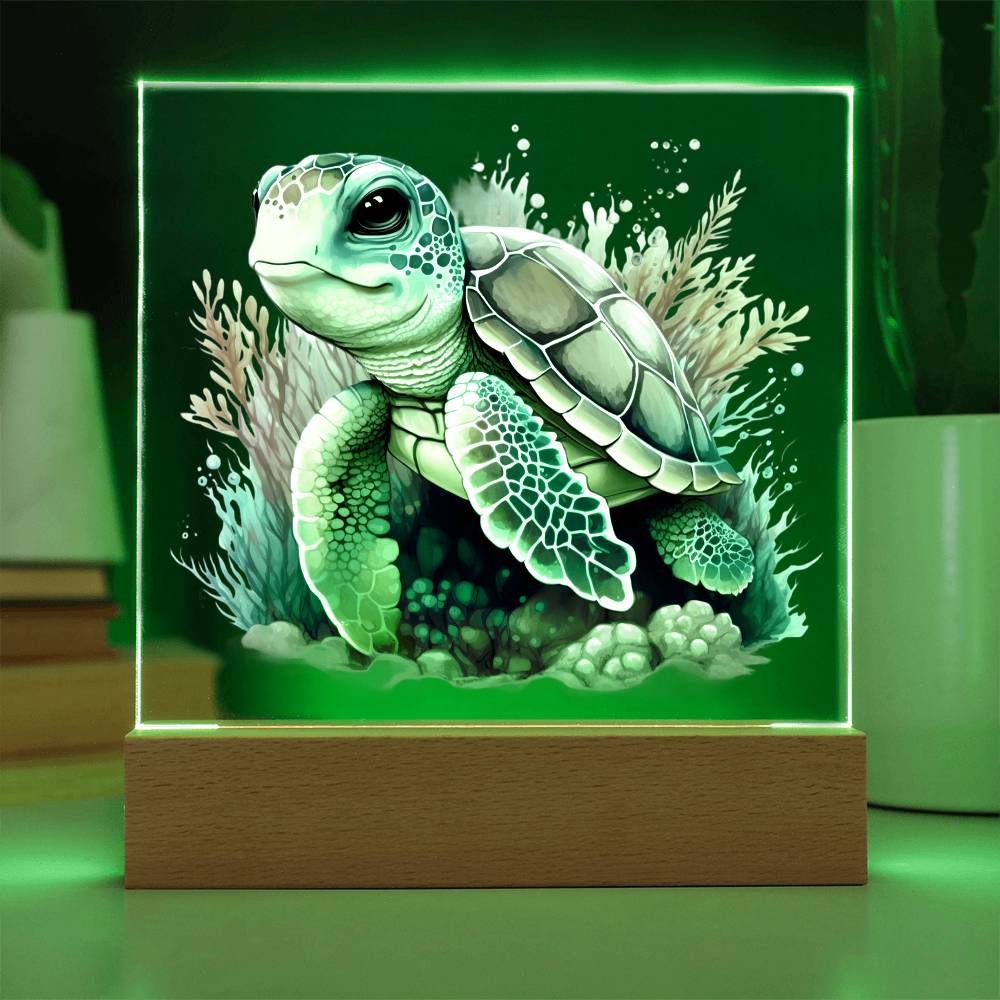 Cute Sea Turtle 012 - Square Acrylic Plaque With LED Base