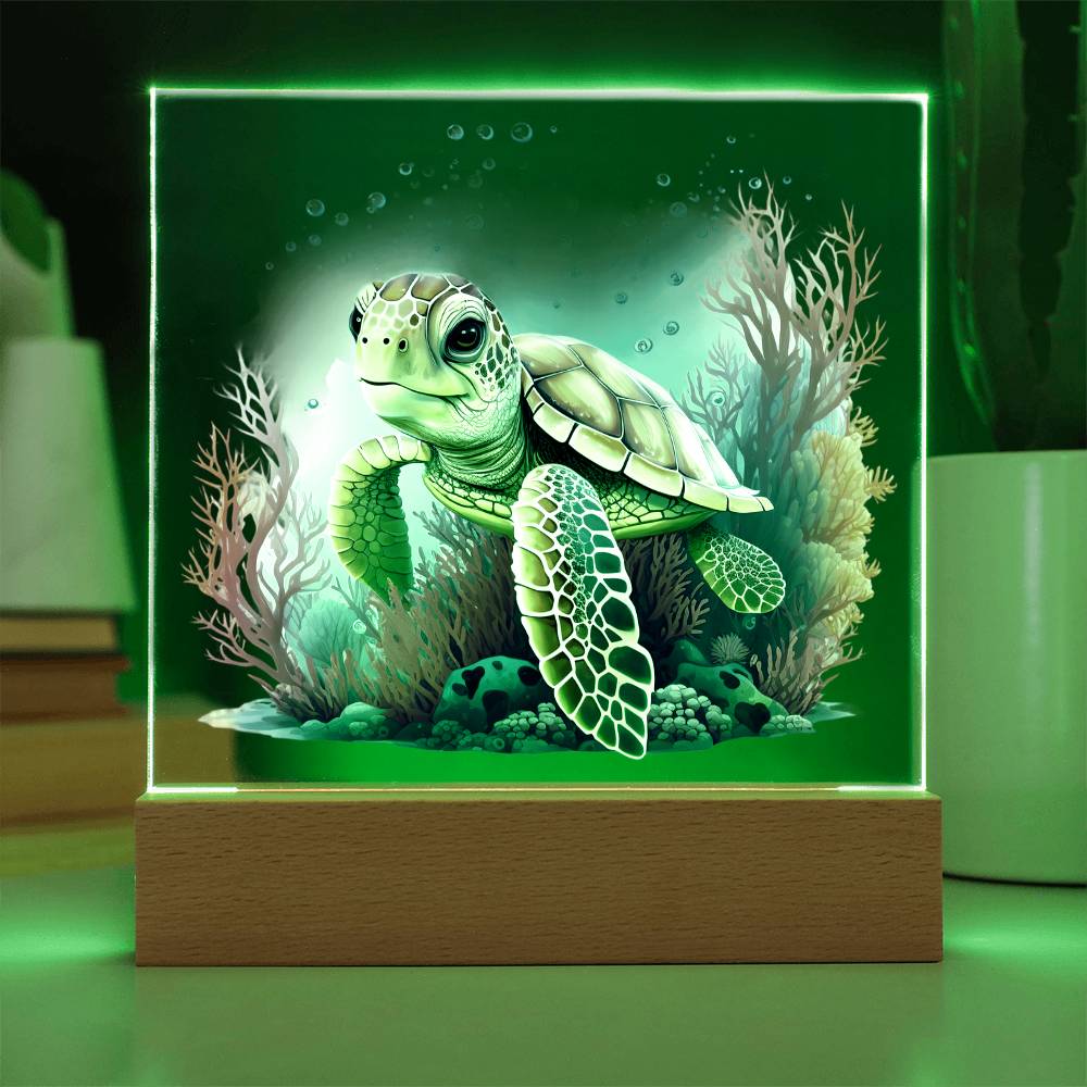 Cute Sea Turtle 006 - Square Acrylic Plaque With LED Base