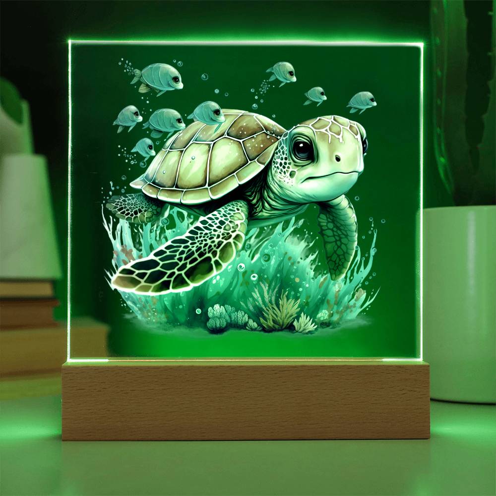 Cute Sea Turtle 001 - Square Acrylic Plaque With LED Base