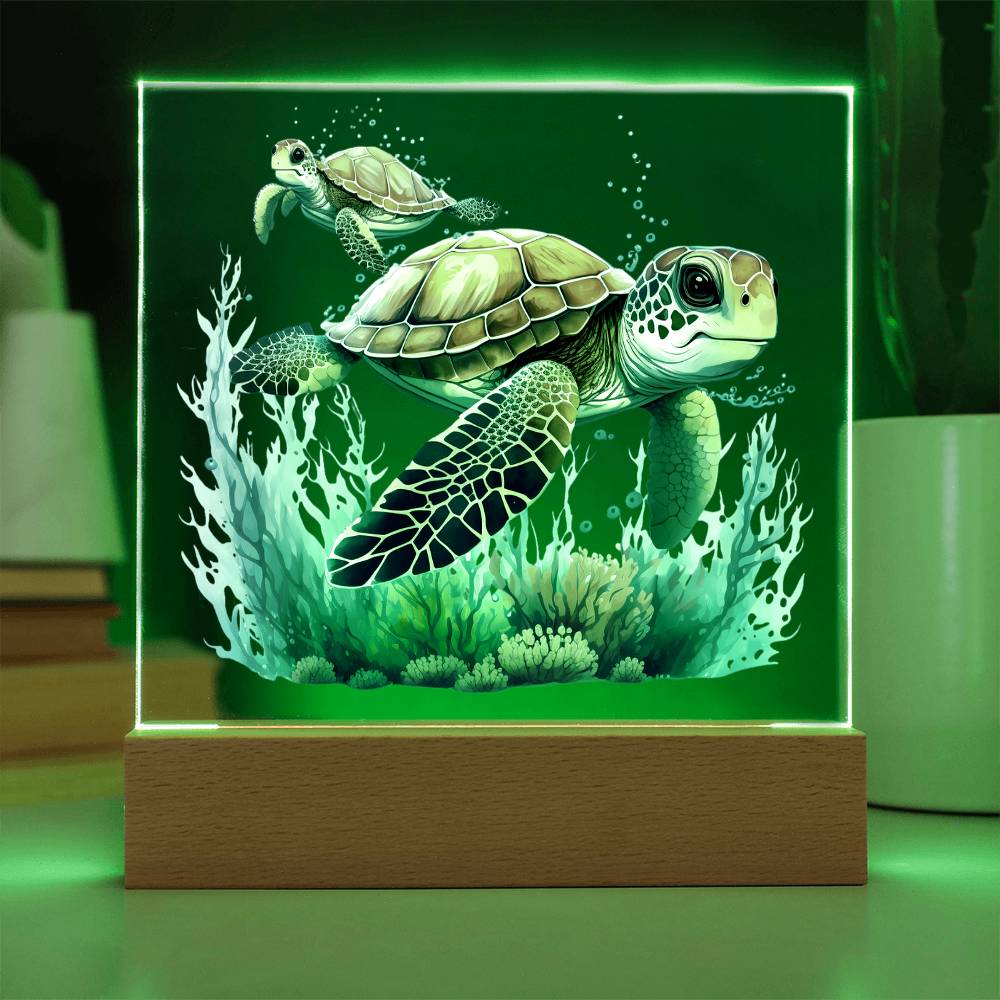 Cute Sea Turtle 009 - Square Acrylic Plaque With LED Base