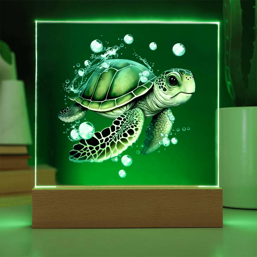 Cute Sea Turtle 005 - Square Acrylic Plaque With LED Base