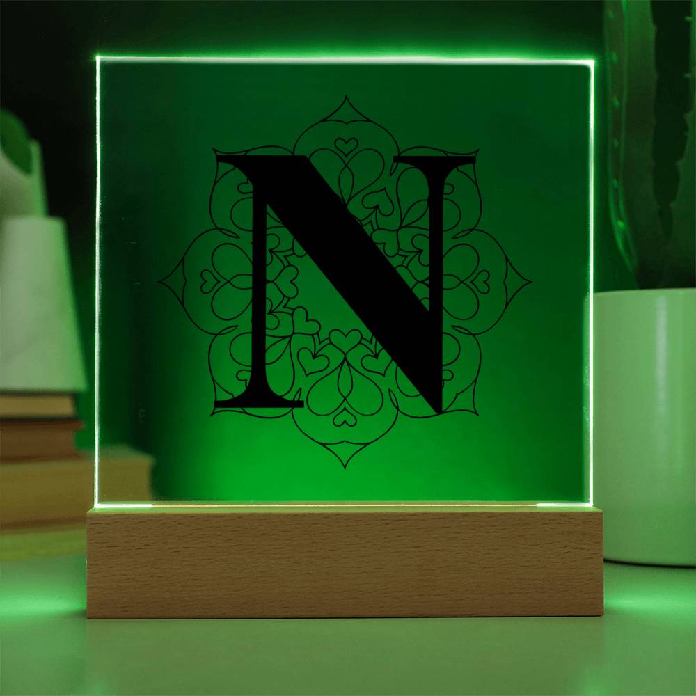 Magnolia Mandala Alphabet Letter N - Square Acrylic Plaque With LED Base