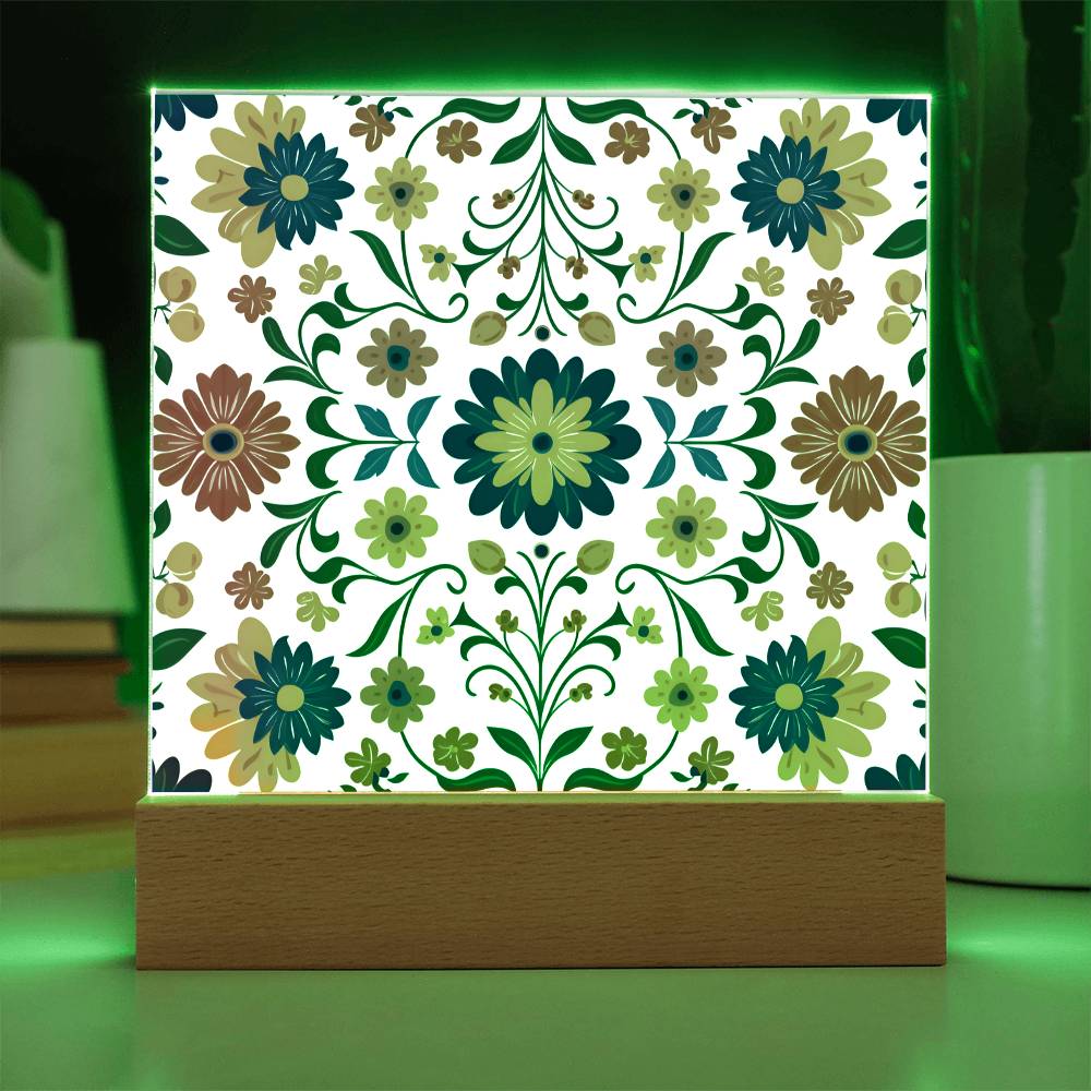 Mexican Floral Fiesta Pattern 016 - Square Acrylic Plaque With LED Base