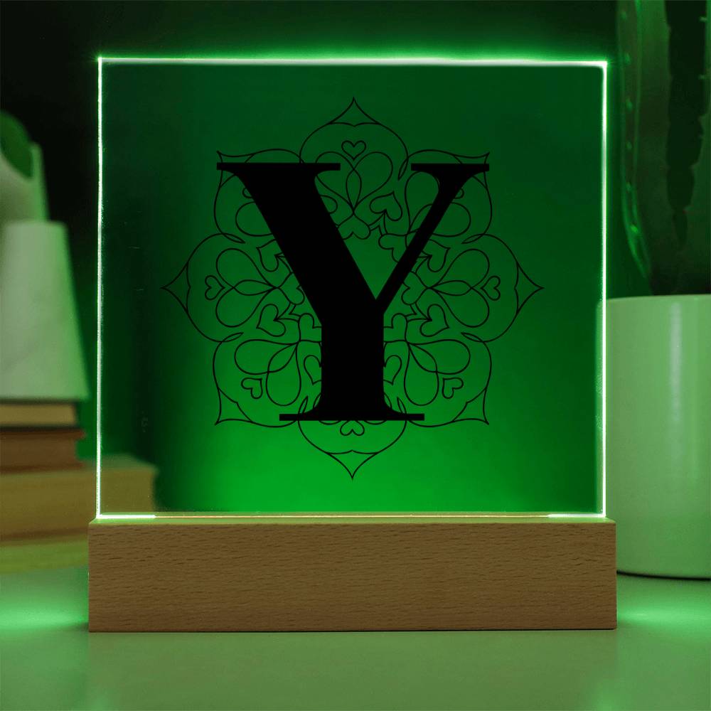 Magnolia Mandala Alphabet Letter Y - Square Acrylic Plaque With LED Base