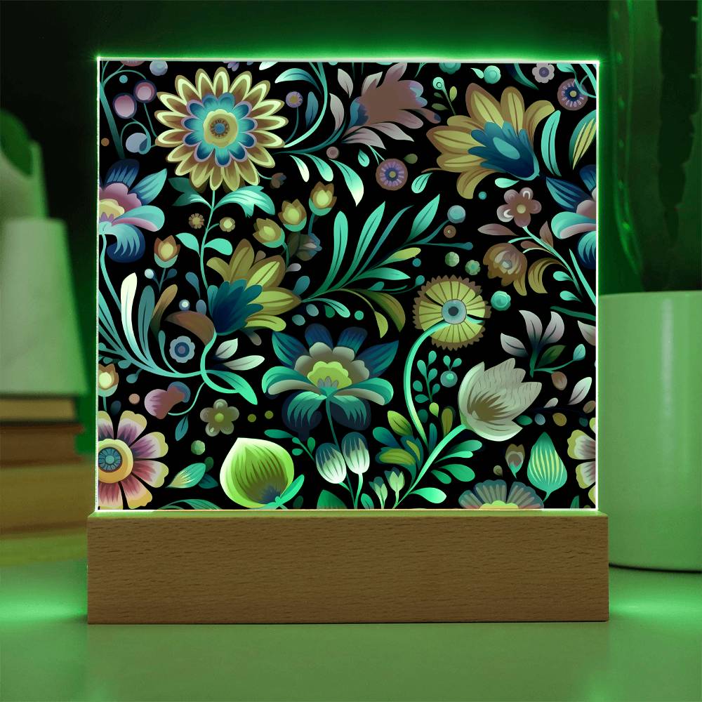 Mexican Floral Fiesta Pattern 057 - Square Acrylic Plaque With LED Base