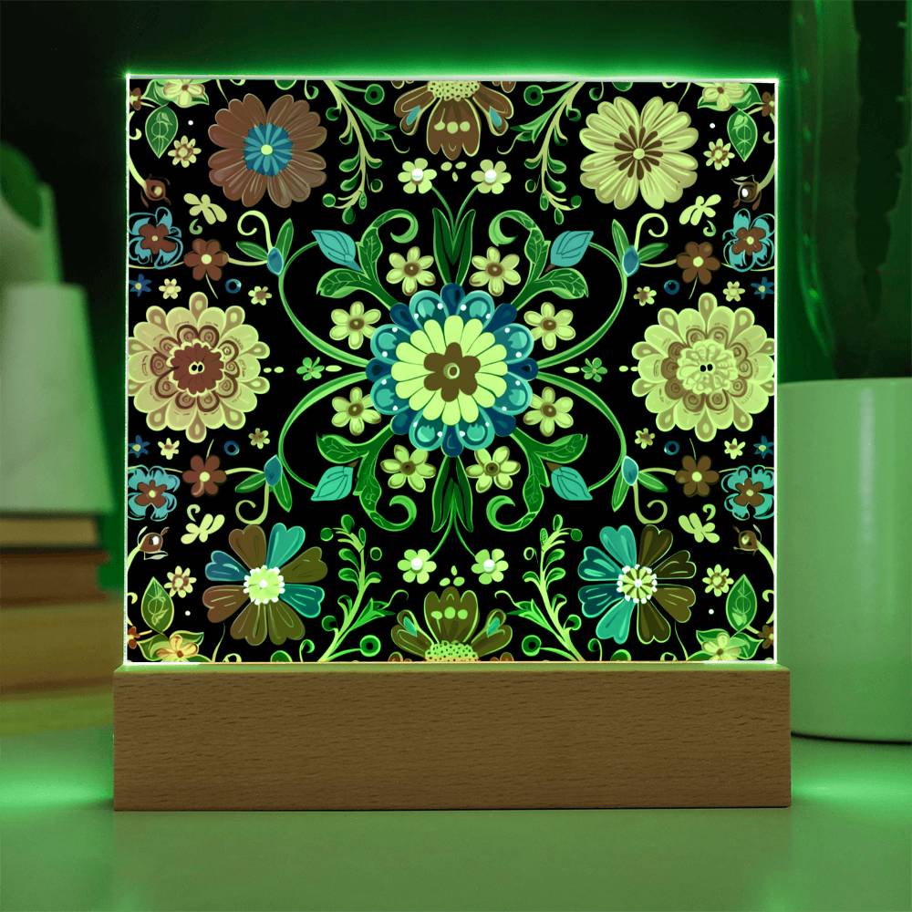 Mexican Floral Fiesta Pattern 061 - Square Acrylic Plaque With LED Base