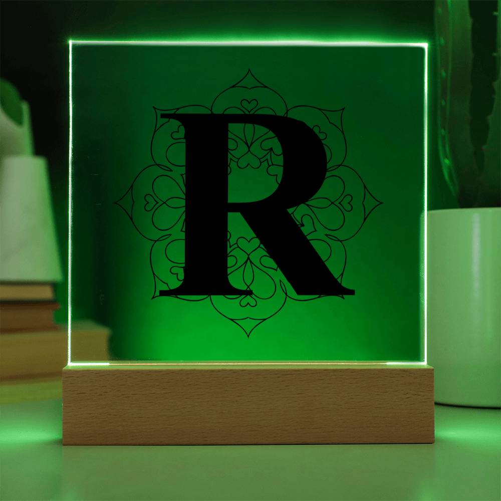 Magnolia Mandala Alphabet Letter R - Square Acrylic Plaque With LED Base