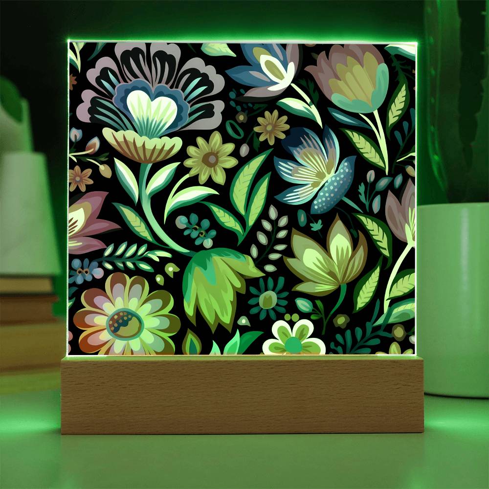 Mexican Floral Fiesta Pattern 052 - Square Acrylic Plaque With LED Base