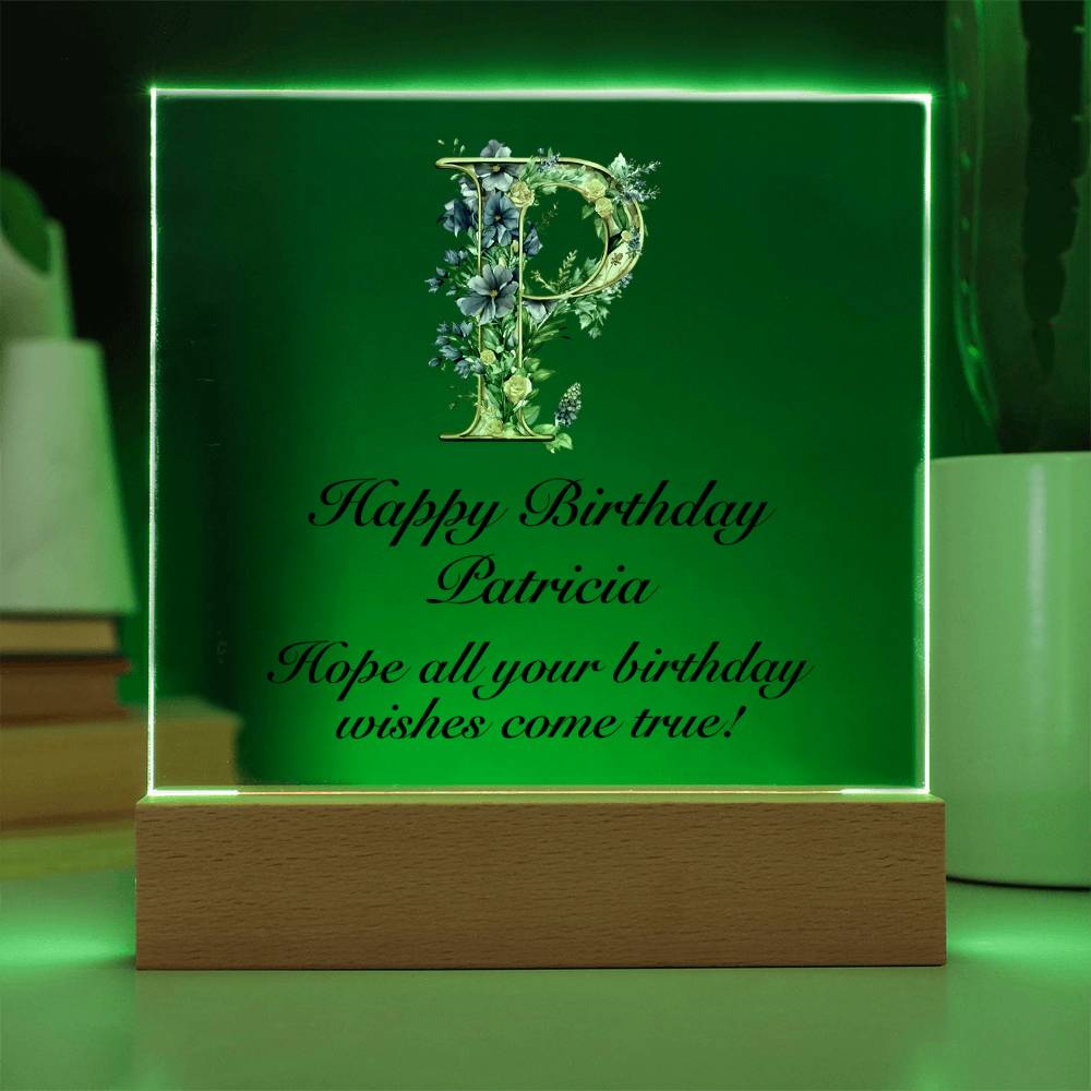 Happy Birthday Patricia (Lavender Flowers) - Square Acrylic Plaque With LED Base
