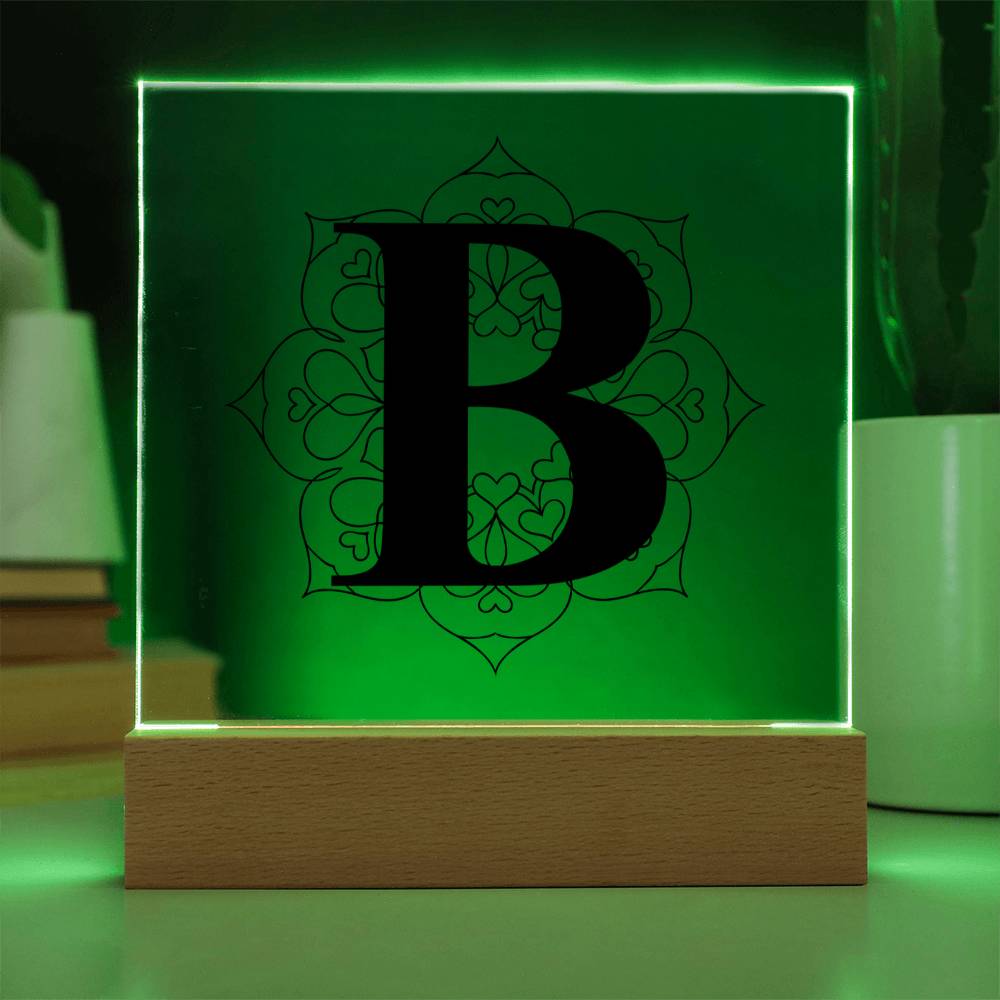 Magnolia Mandala Alphabet Letter B - Square Acrylic Plaque With LED Base