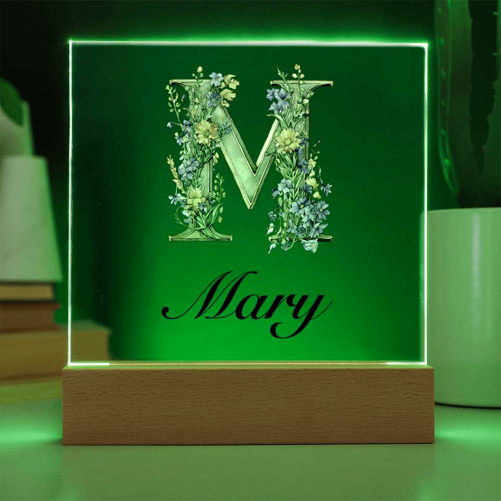 Mary (Lavender Flowers) - Square Acrylic Plaque With LED Base