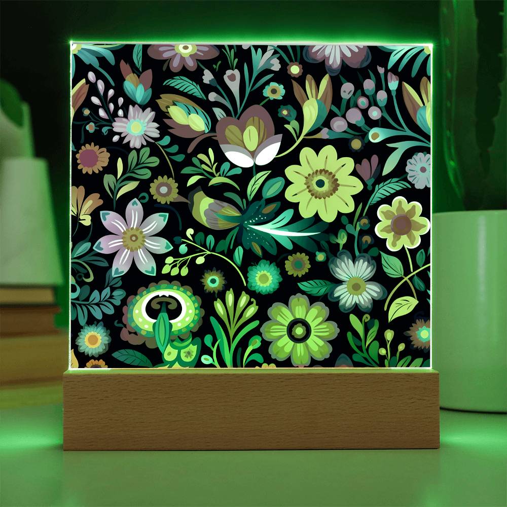 Mexican Floral Fiesta Pattern 055 - Square Acrylic Plaque With LED Base