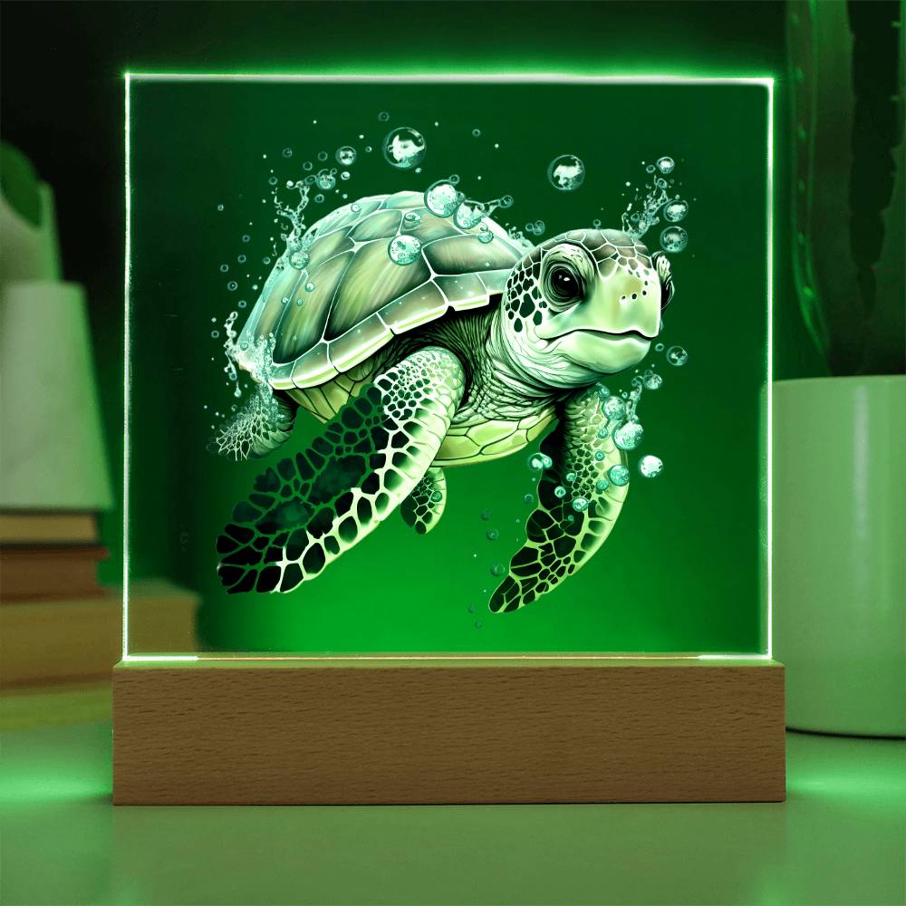 Cute Sea Turtle 004 - Square Acrylic Plaque With LED Base
