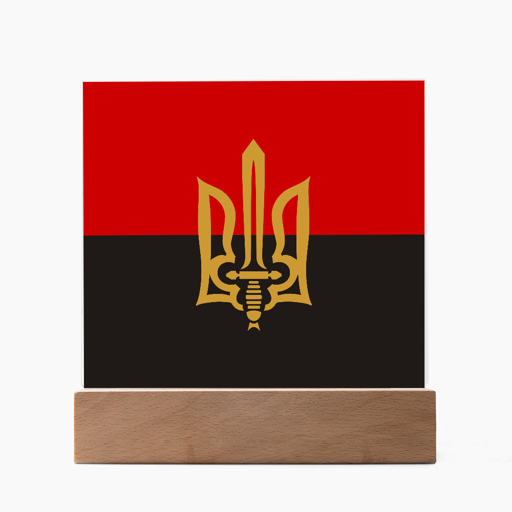 Stylized Tryzub And Red-Black Flag - Square Acrylic Plaque With LED Lights