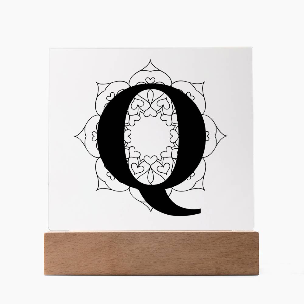 Magnolia Mandala Alphabet Letter Q - Square Acrylic Plaque With LED Base