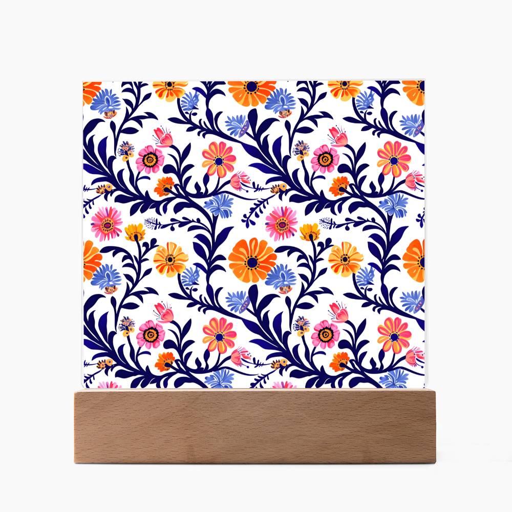 Mexican Floral Fiesta Pattern 022 - Square Acrylic Plaque With LED Base