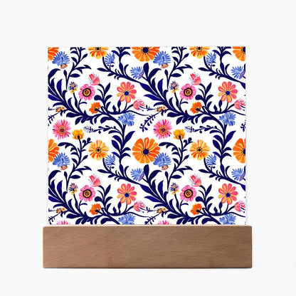 Mexican Floral Fiesta Pattern 022 - Square Acrylic Plaque With LED Base