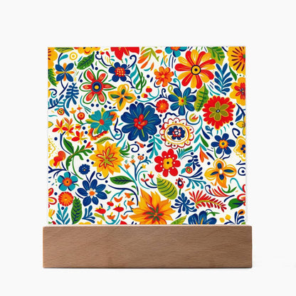 Mexican Floral Fiesta Pattern 072 - Square Acrylic Plaque With LED Base